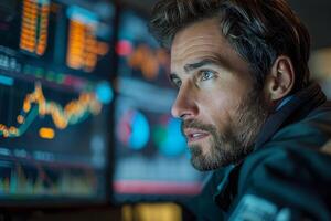 AI generated Portrait of a confident mature man standing in front of a monitor with stock charts photo