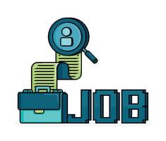 pixel line art illustration of briefcase with job 3d text on the side. magnifying glass looking for candidates. Can be used for ads, websites, flyers, brochures of  job vacancy and hiring vector