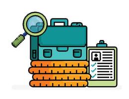 pixel line art illustration of briefcase on pile of coins and magnifying glass, metaphor of job vacancy in financial and banking sector. Can be used for web, website, landing page, apps, print, flyers vector