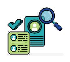 pixel line art illustration of hiring employees with a magnifying glass to select candidate. Can be used for web, website, landing page, apps, print, flyer, brochure, advertising, marketing, promotion vector