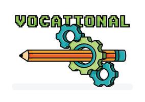 pixel line art illustration of vocational ads for hiring with pencil through wheel gear and 3d vocational writing. Can be used for web, website, landing page, apps, flyers, brochures, advertising, ads vector