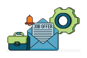 pixel line art of open email with job offer letter and notification, briefcase and gear wheel for metaphor of hiring offer. Can be used for web, website, landing page, apps, flyers, brochures, ads vector