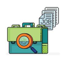 pixel line art of magnifying glass looking for pile of application documents on briefcase, metaphor of job candidates or hiring. Can be used for websites, flyers, brochures of  job vacancy and hiring vector
