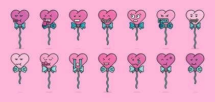 pixel illustration emoji pack of heart shaped balloons with ribbons and strings in various emotion of happiness, sadness, confusion, anger, shock, disbelief. Can be used for merchandise or stickers vector