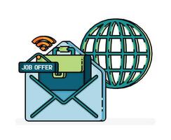 pixel line art illustration of briefcase out of email metaphor of job offer and hiring. search for vacancies on internet. Can be used for ads, websites, flyers, brochures of  job vacancy and hiring vector