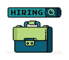 pixel line art illustration of briefcase with search engine that says hiring. metaphor of looking for work on the internet. Can be used for web, website, landing page, apps, print, flyers, advertising vector