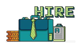 pixel line art of briefcase wearing tie and stack of coins with job application on the side. hiring workers for financial and banking. Can be used for ads, websites, flyers, brochures of  job vacancy vector