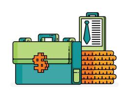 pixel line art illustration of 3d dollar safety briefcase with stack of coins. a metaphor for hiring in financial or banking. Can be used for ads, websites, flyer, brochures of  job vacancy and hiring vector