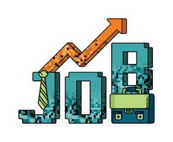 pixel line art illustration of 3d word of job with briefcase under, tie and rising arrow showing growth in career. metaphor of hiring. Can be used for ads, website, web, flyer, brochure, advertisement vector