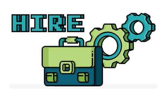 pixel line art of briefcase with 3D writing of hire and gear in back, metaphor of mechanism of job hiring and vacancies. Can be used for web, website, landing page, apps, print, flyers, advertising vector