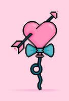 8 bit pixel illustration of Pink heart or love balloons pierced by Cupid arrow for lasting love. Can be used for sticker, t shirt, gift, dating invitation, poster, Valentine greeting vector