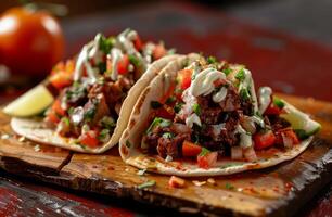 AI generated Two tacos with meat and toppings on wooden board, mexican dishes picture photo