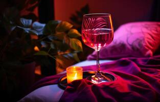 AI generated A glass of wine placed beside a bed, nighttime rituals for a restful sleep, serene bedtime scenes, sleep wellness photo