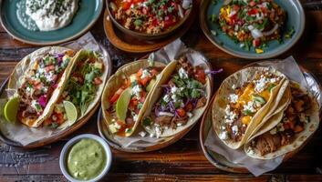 AI generated Four different mexican tacos and dips on plates on a wooden table, mexican food stock photo