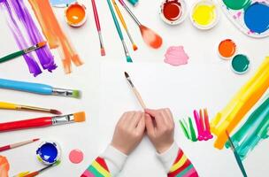 AI generated Hands holding paint brush with various colorful art supplies against white background, world art day illustration photo