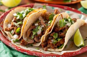 AI generated Plate of pork tacos with lime, mexican food stock photo