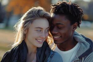 AI generated A young man and woman representing diversity share love in the air in a medium shot, passionate kiss pic photo