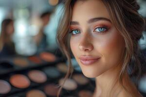 AI generated female consultant stands in front of a counter with cosmetics in a shopping center photo