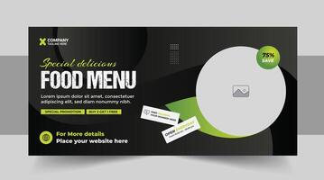Restaurant food menu social media marketing web banner. Pizza, burger or hamburger online sale promotion video thumbnail. Fast food website background vector