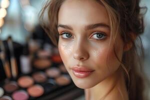 AI generated female consultant stands in front of a counter with cosmetics in a shopping center photo