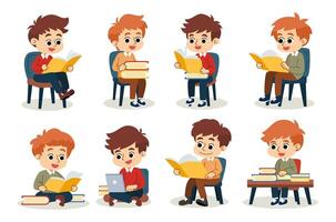 The cute boy is relaxing and enjoying reading books and using the laptop computer. Flat style cartoon illustration. vector