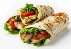 AI generated Two chicken wraps placed on white background, colorful mexican food photo