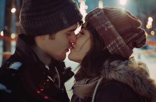 AI generated A couple kissing in freezing weather outside, passionate kiss pic photo