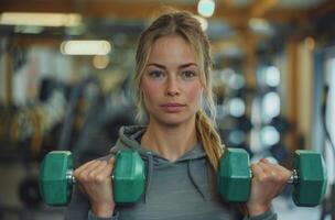 AI generated Woman in gym holding green dumbbells working out muscles with determination, women's fitness and wellness, healthy lifestyle choices, active living photo