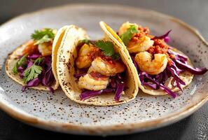 ai generado tacos con A la parrilla Mariscos y rojo repollo en un lámina, tradicional mexicano comida Foto