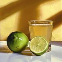 AI generated A lime next to a glass of lime juice, colorful mexican food photo