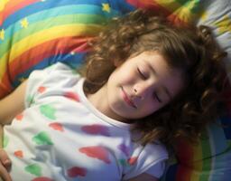 ai generado un linda pequeño niña es pacíficamente dormido en un almohada rodeado por arcoiris, mundo dormir día bienestar rutinas, atención plena prácticas, dormir ejercicio atmósfera foto