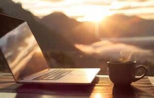 AI generated A laptop and a cup of tea on a table indicating a work or study environment, labour day background photo