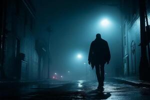 AI generated Man walking on foggy street at night, quiet streets and peaceful urban scenes, nighttime calm, world sleep day in the city photo