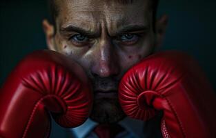 ai generado empresario cara con rojo boxeo guantes, labor día bandera foto