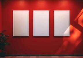 AI generated Three red walls with two empty poster frames, world art day image photo