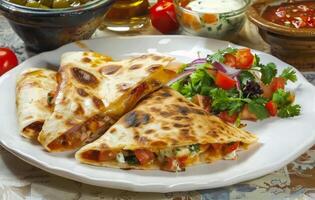 AI generated Three quesadillas and salad perfect for sharing, mexican food stock photo