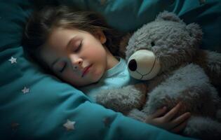 AI generated An adorable scene of a girl sleeping in bed with her cute teddy bear companion, world sleep day storytelling, relaxing bedtime narratives, sleep aid atmosphere photo