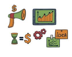 Set of marketing idea generating and time management in business icons in doodle style. Vector illustration.