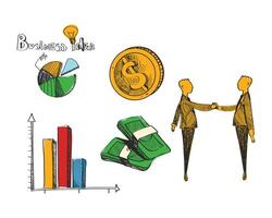 a mano dibujado bosquejo de negocio personas sacudida manos para exitoso trato. negocio idea bosquejo incluir dinero, centavo y grafico vector ilustración.