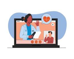 en línea médico consulta. mujer médico y paciente en vídeo llamar. vector ilustración en plano estilo