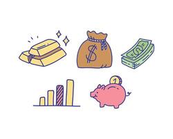 Finanzas íconos colocar. cerdito banco para Finanzas concepto sencillo plano moderno mano dibujado garabatear estilo vector ilustración en garabatear estilo.