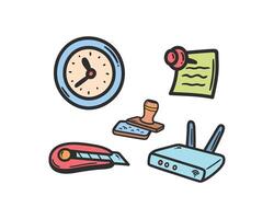 Set of vector hand drawn doodle office icons. Office supplies design element. Vector illustration.