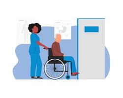 an illustration of a nurse helping an elderly man in a wheelchair vector