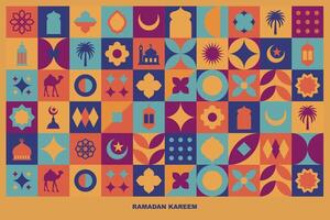 Geometric style colorful Islamic Ramadan Kareem banner, poster design, pattern and geometrical background. Mosque, moon, dome and lanterns. Minimalistic illustrations vector