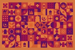 Geometric style colorful Islamic Ramadan Kareem banner, poster design, pattern and geometrical background. Mosque, moon, dome and lanterns. Minimalistic illustrations vector