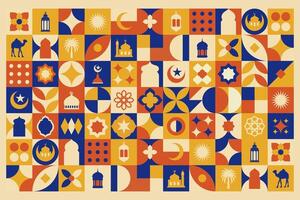 Geometric style colorful Islamic Ramadan Kareem banner, poster design, pattern and geometrical background. Mosque, moon, dome and lanterns. Minimalistic illustrations vector