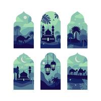 Collection of oriental style Islamic windows and arches with modern boho design, moon, mosque dome and lanterns vector