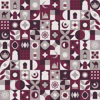 Geometric style colorful Islamic Ramadan Kareem banner, poster design, pattern and geometrical background. Mosque, moon, dome and lanterns. Minimalistic illustrations vector