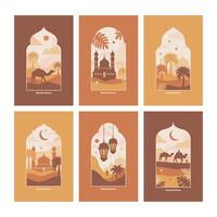Collection of oriental style Islamic windows and arches with modern boho design, moon, mosque dome and lanterns vector