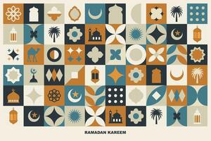 Geometric style colorful Islamic Ramadan Kareem banner, poster design, pattern and geometrical background. Mosque, moon, dome and lanterns. Minimalistic illustrations vector